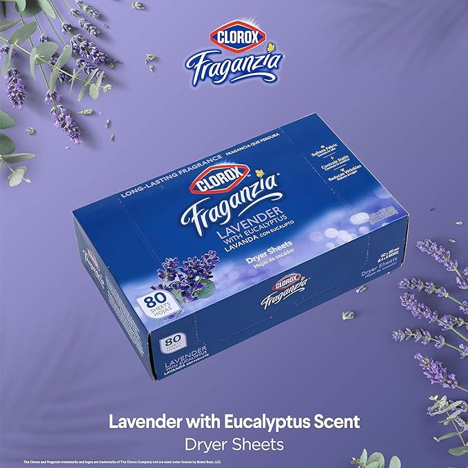 Clorox Fraganzia Fabric Softener Dryer Sheets Lavender with Eucalyptus Scent Wrinkle Reducing Anti-Static Softens Fabrics Fresh Smelling Clothes Linens 80 Count 6 Pack