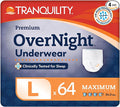 Tranquility Premium OverNight Disposable Absorbent Underwear (64 Count) - L, 44-54 in. Waist - Maximum Absorbency, All-Night Sleep, Breathable Comfort, 64 Adult Diapers