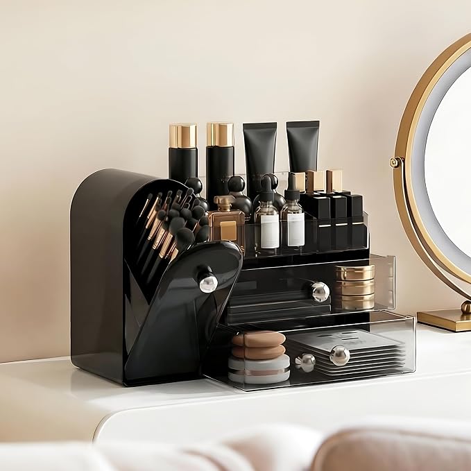 lurcns Makeup Organizer with Dustproof Brush Holder for Vanity, Large Cosmetics Organizer and Bathroom Countertop Skincare Storage with 2 Clear Drawers for Lipstick, Perfume, Eyeshadow Palettes,Black
