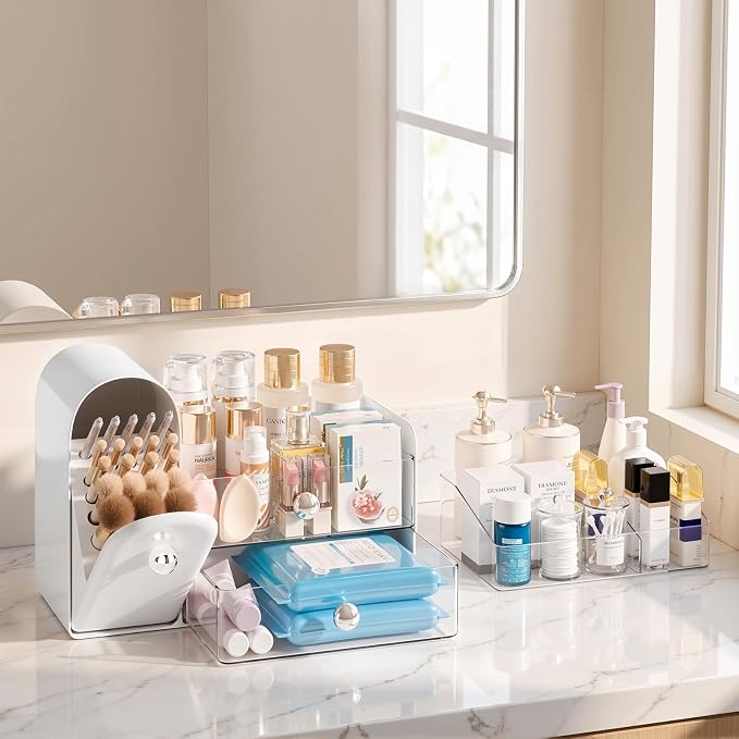 Delamu Makeup Organizer for Vanity with Closed Brush Holder, Large Bathroom Counter Organizer with Drawers, Skincare Organizers for Countertop, Storage Perfume Cosmetic Beauty, Girl Gifts (White)