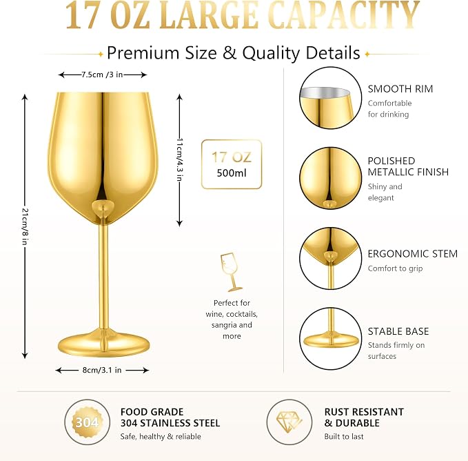 UNISWEET Unbreakable Stainless Steel Wine Glasses Set of 4, Gold | 17oz Unique Fancy Metal Wine Goblets, Shatterproof, Ideal for Outdoor, Camping, Travel, Pool, Great Gift for Wine Lovers