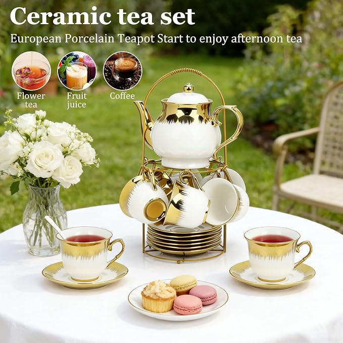 20 Pcs Porcelain Tea Set with Metal Holder and Spoon, European Ceramic Tea Set for Adults, European Flower Painting Teapot Cup Saucer Spoon Set for 6, 1000ML Gift Pack(White)