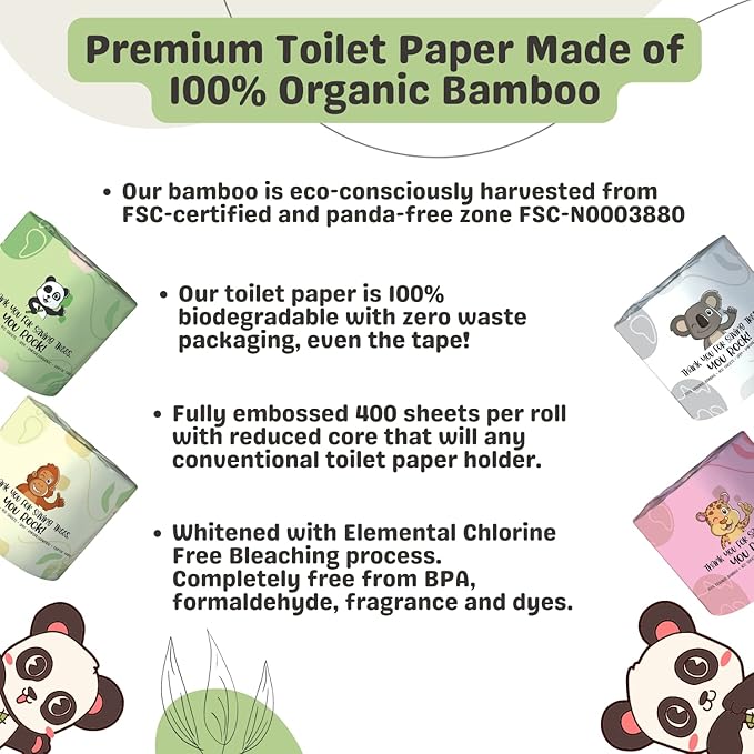 MOTHER EARTH Bamboo Toilet Paper - Ultra Soft & Strong 3-Ply Bath Tissue, 400 Sheets Per Roll, Hypoallergenic & Septic Safe, Mega Rolls, Pack of 24 Rolls
