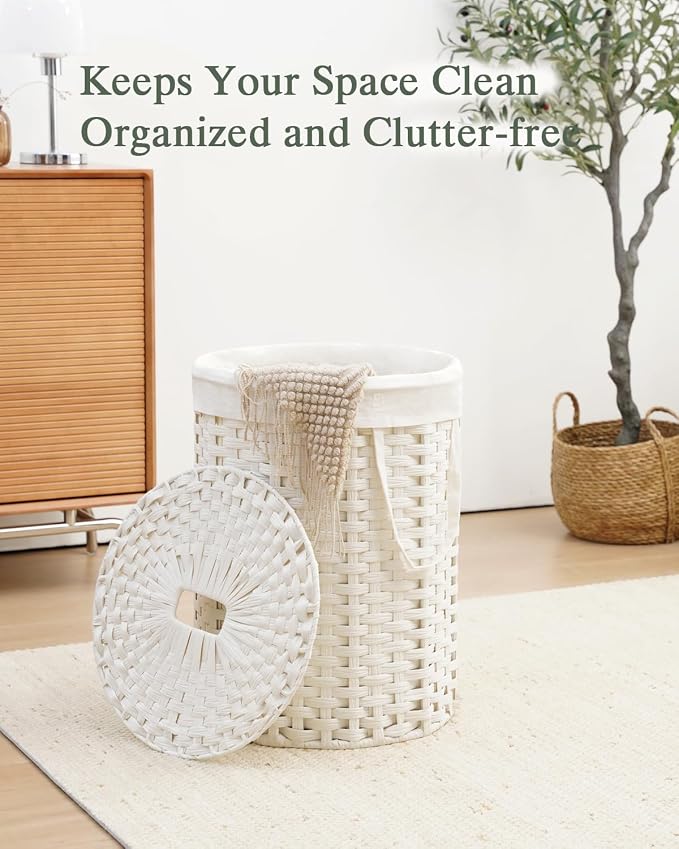 SETVSON Laundry Hamper with Lid Round Laundry Basket 23.8 Gal White | The lid hides dirty clothes, keeping spaces neat and fresh. 90 L Large Capacity, Stylish Design with Handles Easy Transport