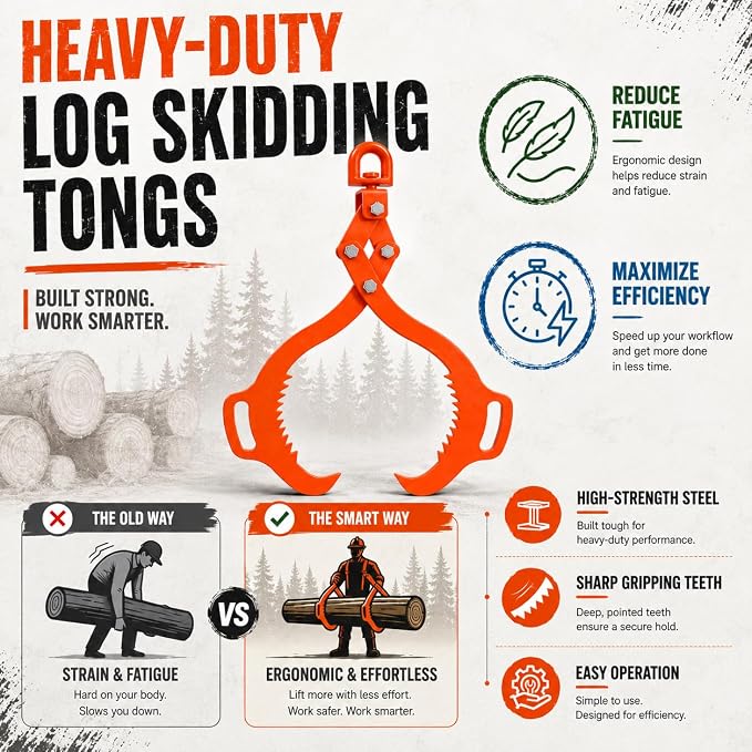 ovsor 2 Claw 20'' Log Tongs Timber Claw Hook for Skidding Tongs, 800lbs Lifting Capacity | Professional Log Grapple Heavy Duty 360° Swivel Log Lifting Tongs, Dragging Logging Silky Smooth Effort Saving
