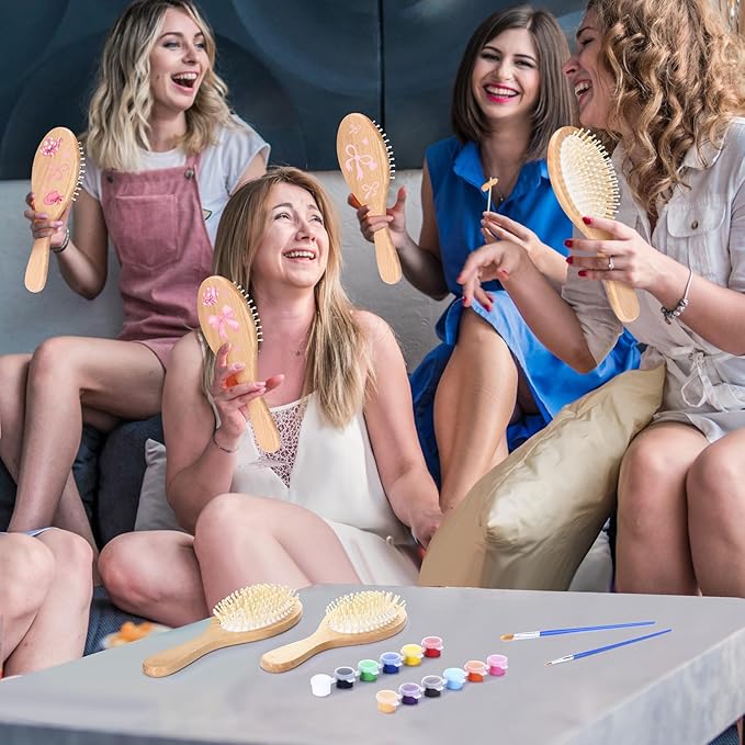 Meanplan 6 Set DIY Wooden Hairbrush Painting Kits Make Your Own Hair Brush Hand-Painted Hairbrush Night Party Supplies with Paint Brush and Palette for DIY Gift Party Crafts (Oval)
