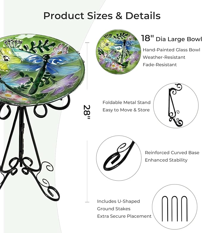 Large Glass Bird Bath with Metal Stand, Dragonfly | 18" Wide Bowl, 3.2" Bathing Depth, Thick Glass Construction, Stable 3-Leg Base, Easy Clean Surface, Garden Decor