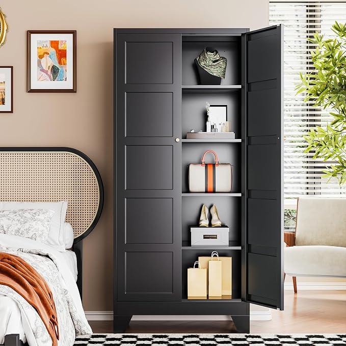 72" H Metal Storage Cabinet with 2 Doors and 4 Shelves,Tall Kitchen Pantry Cabinets,Utility Pantry Organizers for Cupboard/Dining/Bathroom/Home Office/Garage (Black, 72" H x 18" D x 33.5" W)