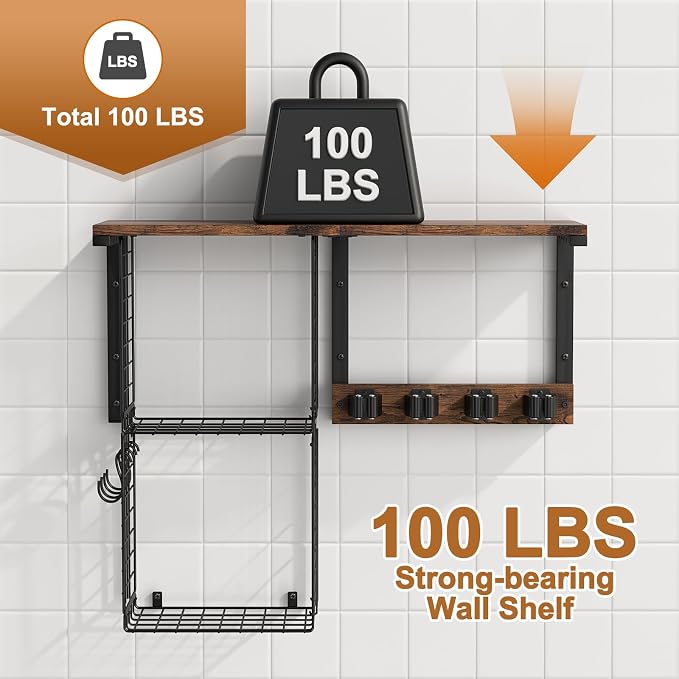 Housolution Broom Holder Wall Mount with Cleaning Supplies Organizer, 100 LBS High Load-Bearing Laundry Room Storage Shelves, Multifunctional Mop Hanger Rack with 2 Baskets, 4 Grippers & Hooks