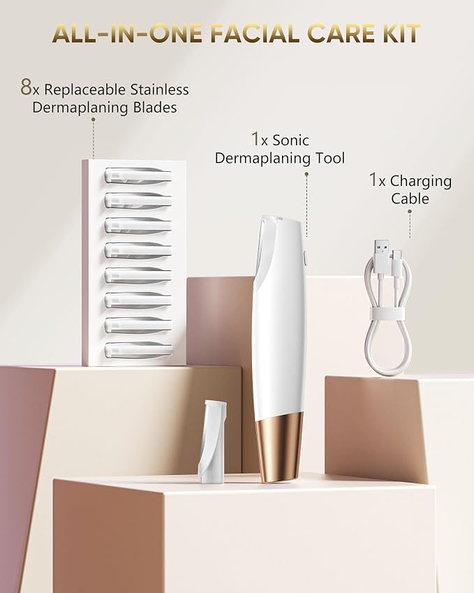 Dermaplane Razor for Women Face: Sonic Dermaplaning Tool for Silky Skin | Painless Electric Facial Exfoliation & Peach Fuzz Hair Removal with LED Light, 3 Speeds, Non-Irritating, 8 Blades (White)