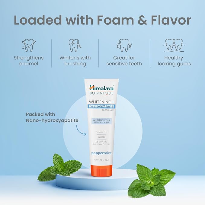 Himalaya Botanique Whitening+ Hydroxyapatite Toothpaste, Peppermint, 4 oz | Nano Hydroxyapatite Toothpaste, Support Enamel Strength & Integrity,Great for Sensitive Teeth, Fluoride Free,SLS Free & Vegan