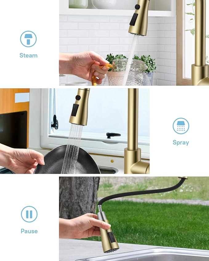 WEWE Kitchen Faucet with Pull Down Sprayer and Soap Dispenser, Gold High Arc Single Handle Stainless Steel Sink Faucet, Suitable for Farmhouse, RV & Laundry