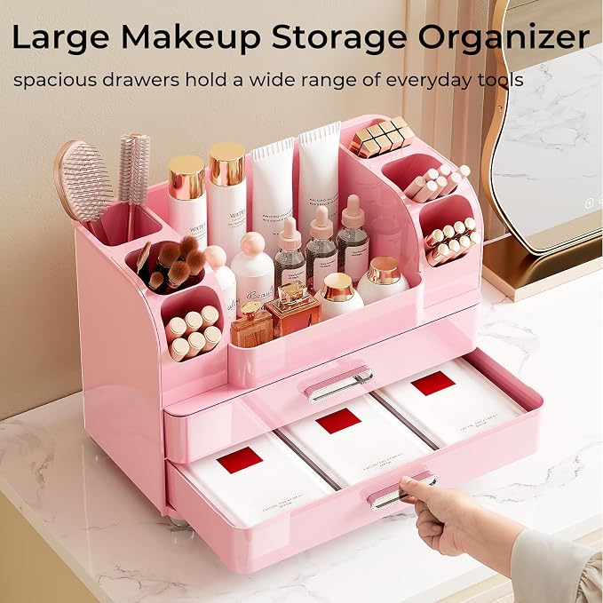 UFORU Makeup Organizer for Vanity with 2 Large Drawers, Cosmetic Display Case with Brush Holders, Easy to Storage for Bathroom Countertop Skincare, Desk Office Supplies, All Pink