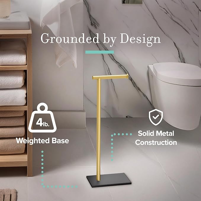 Gatco 1431MXB Modern Rectangle Base Freestanding Toilet Paper Holder, Matte Black/Brushed Brass, Weighted Base, 21.25" Bathroom Tissue Stand