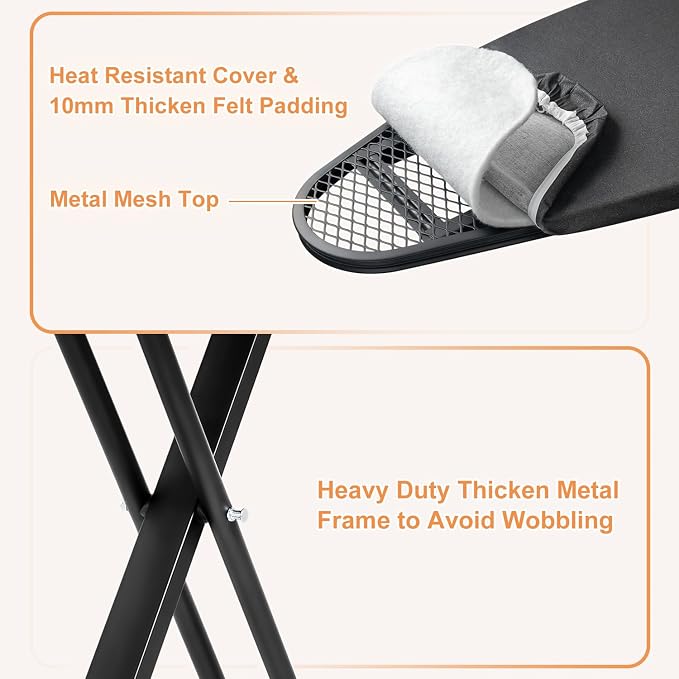 Duwee 13"×43" Ironing Board Full Size with Moveable Iron Holder,Black | Iron Board with Heat Resistant Cover Thicken Felt Pad,Folding Adjustable Height Compact Ironing Board