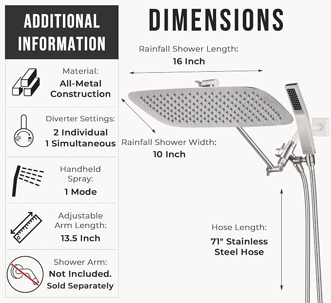 G-Promise All Metal 16 Inch Dual Square Shower Head with Handheld Spray Combo, Rain Shower Head, Adjustable Extension Arm, 3-Way Diverter, 71 Inch Extra Long Hose - A Bathroom Upgrade(Brushed Nickel)