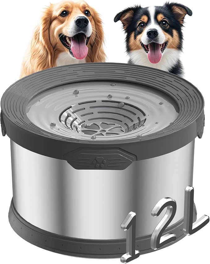 12L Dog Water Bowl No Spill 3.1 Gallon Super Large Capacity Stainless Steel No Splash Dog Bowls 405oz Slow Drinking Feeder with Non-Slip Base Pet Water Dispenser for Dogs