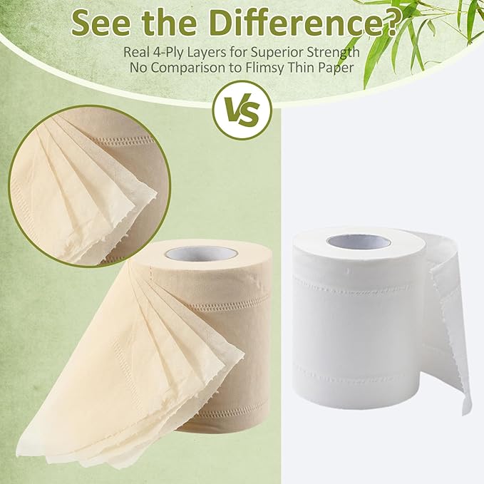 Feifeiya Bamboo Toilet Paper, 4 Ply 60 Rolls, Unbleached, Strong & Soft Toilet Tissue Bulk, Chemical Free Bathroom Tissue Rolls