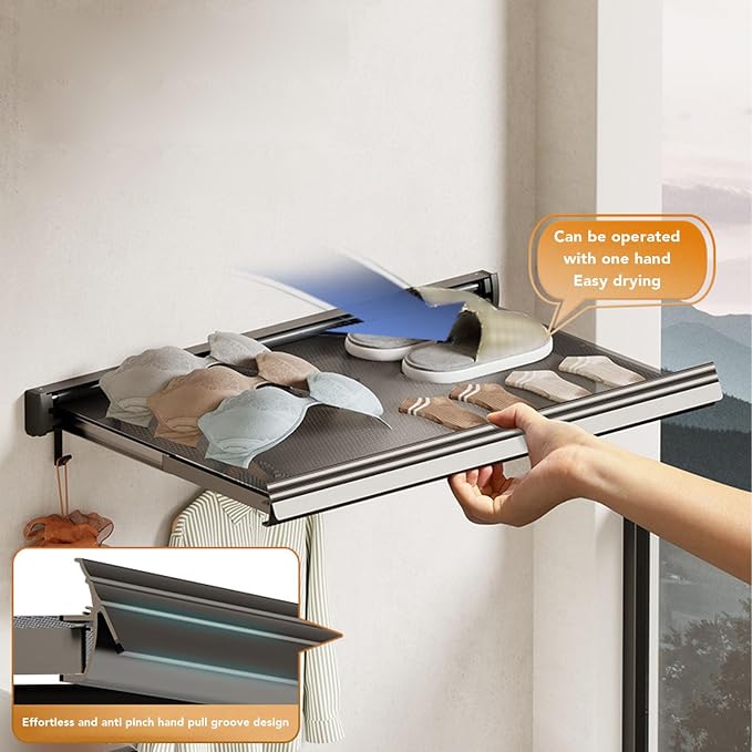 Retractable Drying Rack with Net Wall Mounted Multifunctional Laundry Drying Net with 6 Hooks for Bathroom Balcony Bedroom Space Saving Drying Rack for Small Clothes Socks