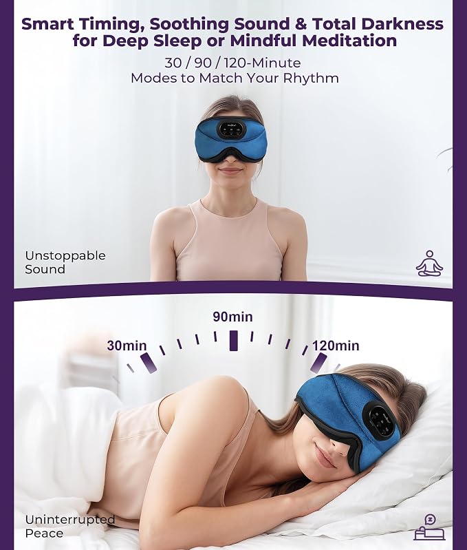 MUSICOZY 3D Bluetooth Sleep Mask with Headphones and Timer, Wireless Sleep Headphones for Side Sleepers, Eye Mask with Bluetooth Headphone, Unique Gifts for Men Women, Blue