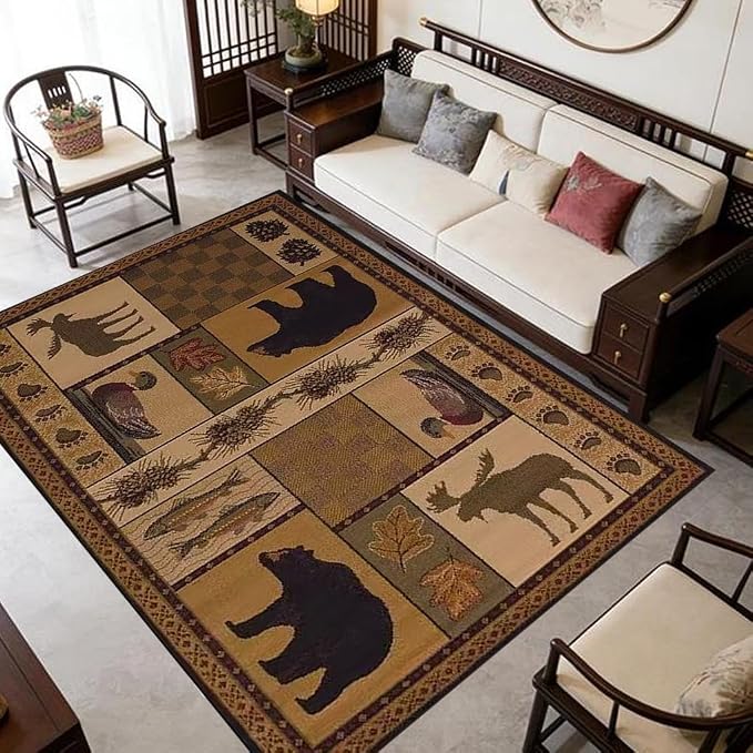 Cabin Moose Deer Rugs 6x9 Feet Lodge Bear Fish Indoor Print Area Rug for Living Room Bedroom Non-Slip Western Bear Deerlet Entryway Mat