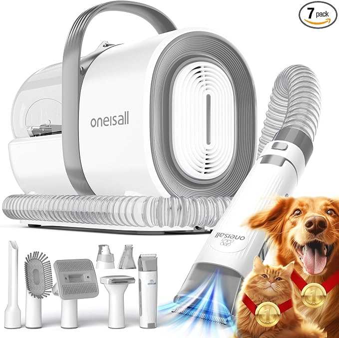 oneisall Dog Grooming Vacuum, Pet Grooming Vacuum with Clipper Nail Grinder, 1.5L Dust Cup Dog deshedding Brush with 7 Tools for Shedding Pet Hair, Home Cleaning (Grey)