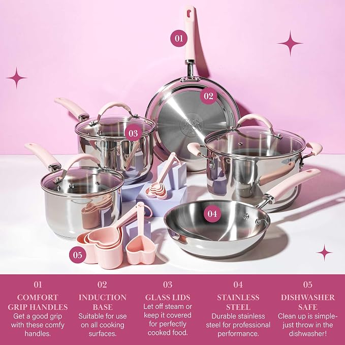 Paris Hilton Stainless Steel Pots and Pans Set with Stay-Cool Pink Handles, Tempered Glass Lids, Bonus Heart Shaped Measuring Cups and Spoons, Dishwasher Safe Cookware, 10-Piece Set