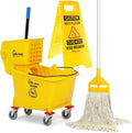 Simpli-Magic Side Press Wringer Combo Commercial Mop Bucket on Wheels, 35 Quart,Yellow, Including Wet Floor Caution Sign and Set, Polyethylene