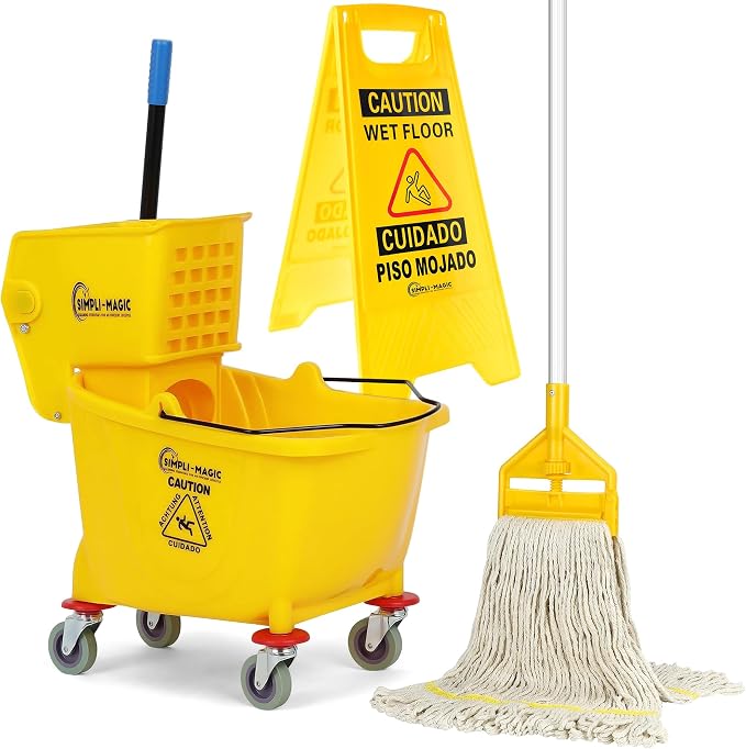 Simpli-Magic Side Press Wringer Combo Commercial Mop Bucket on Wheels, 35 Quart,Yellow, Including Wet Floor Caution Sign and Set, Polyethylene