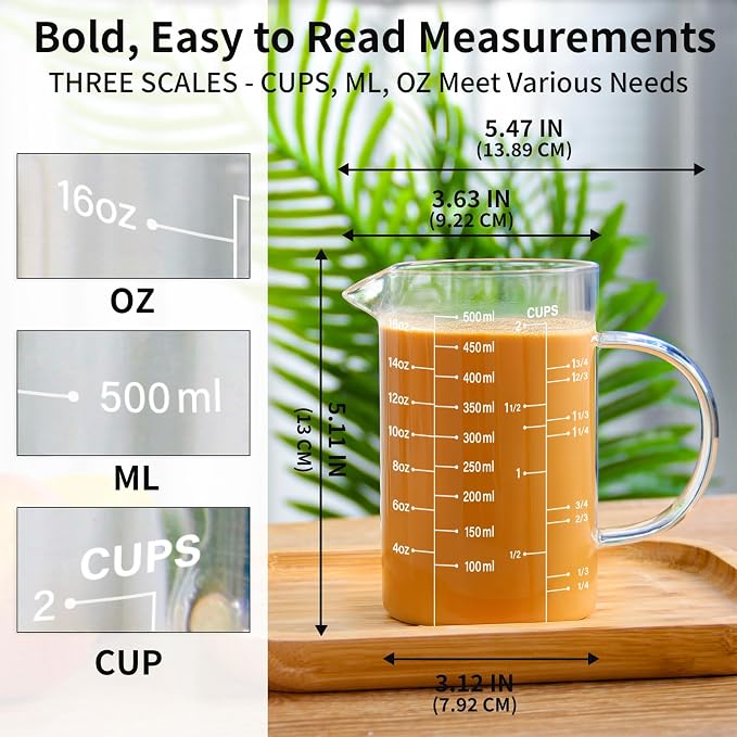77L 5 Pack Glass Measuring Cup Set, [Insulated handle, V-Shaped Spout], High Borosilicate Liquid Glass Measure Cup for Kitchen, Easy To Read, Dishwasher, Freezer, and Microwave Safe