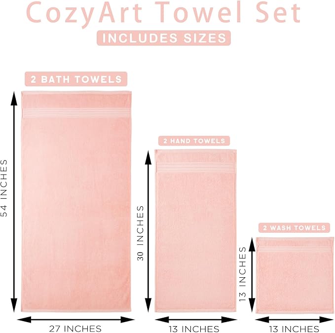 COZYART Luxury Bath Towel Set 6 Pcs, Soft Pink 100% Turkish Cotton 650 GSM | OEKO-Tex 100 Certified Zero Twist Ring Spun, Soft Absorbent Quick Dry, Plush Fluffy, Breathable Hotel Quality for Daily Use