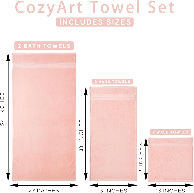 COZYART Luxury Bath Towel Set 6 Pcs, Pink 100% Turkish Cotton 650 GSM | OEKO-Tex 100 Certified Zero Twist Ring Spun, Soft Absorbent Quick Dry, Plush Fluffy, Breathable Hotel Quality for Daily Use