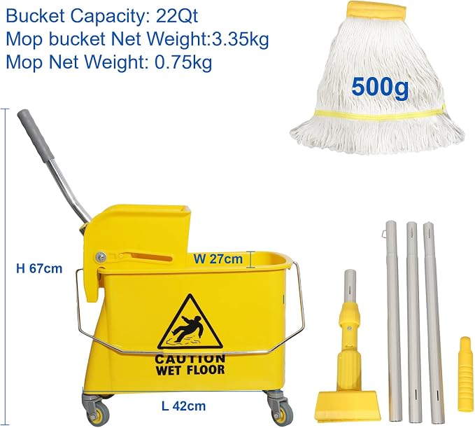 Midoneat Mop Bucket with Wringer, 22 Qt (5.5 Gallon), Wheels,Floor Cleaning | 16.5"L x 10.6"W x 26.4"H, Yellow ,Add One Cotton Mop