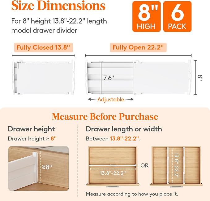 Lifewit 8" Tall 6 Pack Drawer Dividers, 13.8"-22.2" Adjustable Deep Drawer Organizer Clothes, Expandable White Plastic Separators for Dresser, Kitchen, Cabinet, Closet, Office Organization & Storage