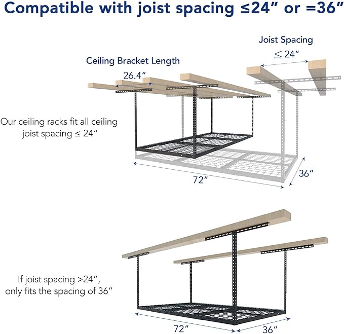FLEXIMOUNTS 2 Pack 3x6 Overhead Garage Storage Adjustable Ceiling Rack 72" Length x 36" Width x 40" Height, 900lbs Total Weight Capacity, Hammertone, Classic Series