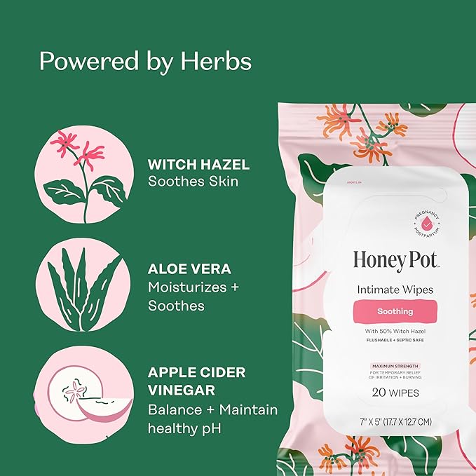 The Honey Pot Company - Feminine Wipes - Soothing Witch Hazel - Postpartum Essentials, Herbal Infused w/Witch Hazel, Ginger, and Rose - Flushable Wipes, Pregnancy Safe, pH Feminine Care - 20ct