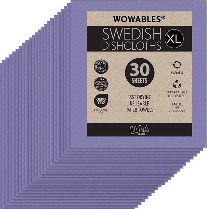 Swedish Dishcloths for Kitchen XL, 30 Sheet Roll, Biodegradable & Compostable, Reusable Paper Towel Cleaning Cloths, 11" x 10", No Odor, Washing Dishes, Ultra Absorbent Cellulose Sponge Towel, By LOLA