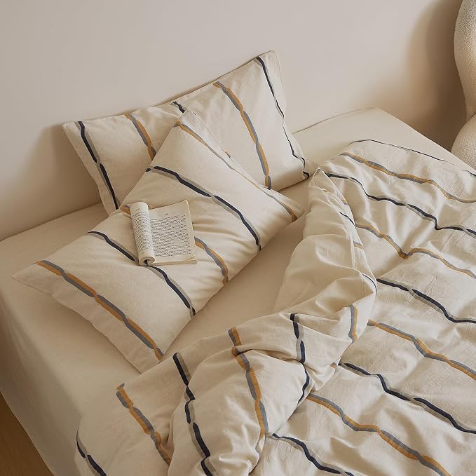 mixinni Cotton Linen Jacquard Duvet Cover Set Queen, 3-Piece Mid-Century Modern Bedding, Vintage Striped Bohemian Duvet Cover with 2 Pillowcases, All-Season Breathable Comforter Cover-Queen Size