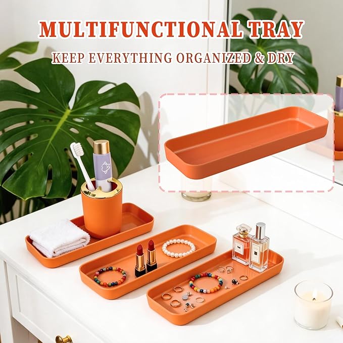 BSSN Orange Bathroom Accessories Set, Luxurious 9-Piece Bath Decor Set with Trash Can, Toilet Brush, Gold Pump Soap Dispenser, Multi-Slot Toothbrush Holder, Qtip Jars, Vanity Tray and Tumbler Cup