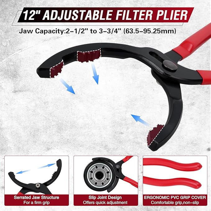 GOOACC Swivel Oil Filter Wrench Set, Adjustable Pliers and 3-Jaw Tool, Professional Removal Tools Kit Fits 2-1/2 to 6 Inch Filters for Auto Repair, Car, Truck Maintenance