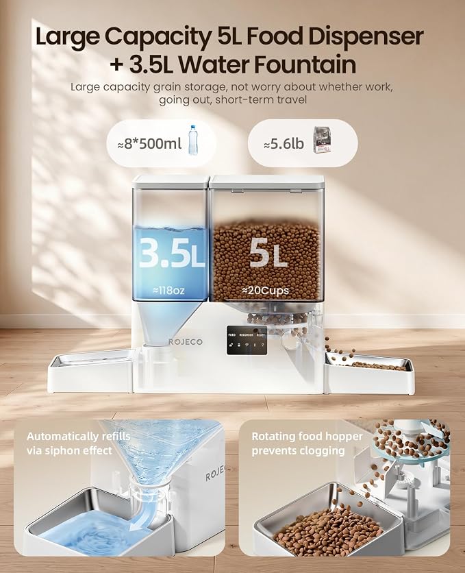2-in-1 Automatic Cat Feeder & Water Dispenser,WiFi Control Feeding | 2.4G WiFi APP/Timed Feeding/5L Food Feeder,3.5L Water Fountain/Stainless Steel Bowls/Detachable Clean/White