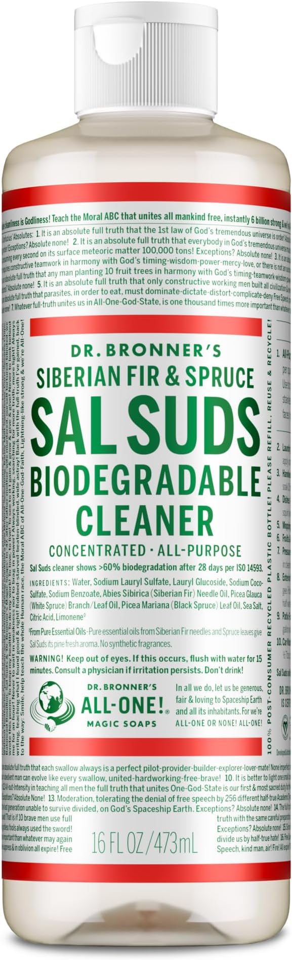 Dr. Bronner's Sal Suds Biodegradable Cleaner (16 oz) – All Purpose Pine Mop Detergent for Floors, Laundry & Dishes, Multi Surface Concentrate, Heavy-Duty Degreaser