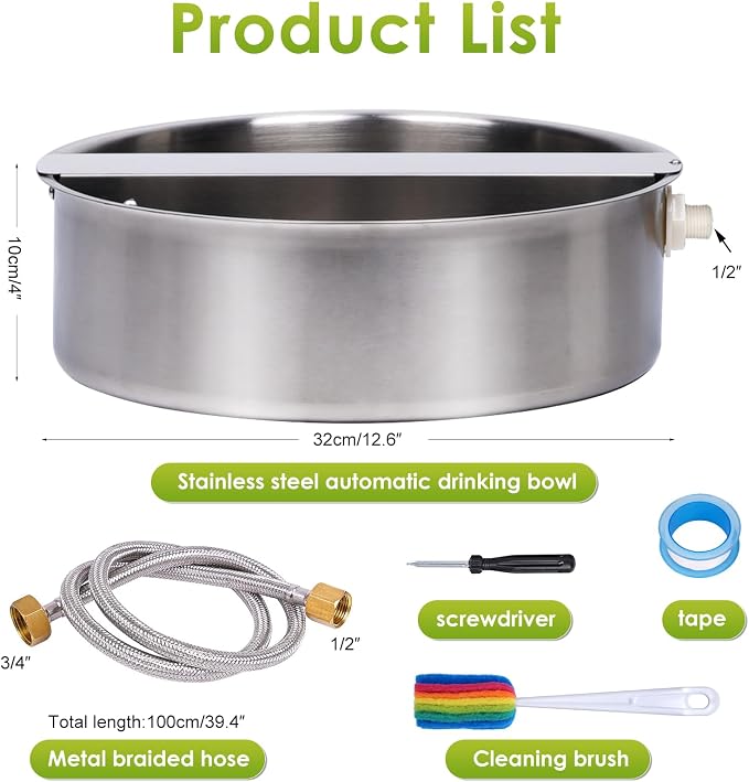 Automatic Dog Water Bowl Dispenser Outdoor Pet Water Fountain | Heavy-Duty Stainless Steel, Auto Refill Design with Float Valve, 6.5L Auto Waterer for Large Dogs, Cats and Chicken