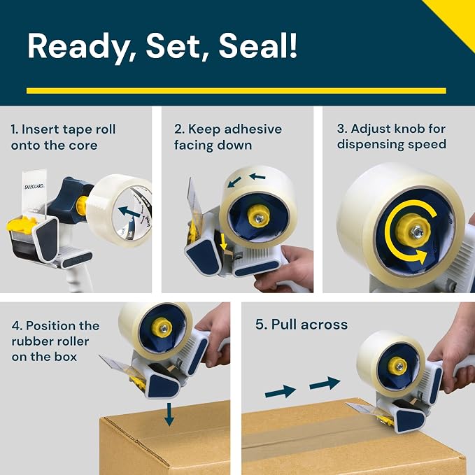 Excell EC-206 Safeguard Packing Tape Dispenser, 2" Wide, 3" Core, 2 Pack | Retractable Blade Cover for Safety, one-Hand use. Ideal for Shipping and Carton Sealing - Includes Tape Roll