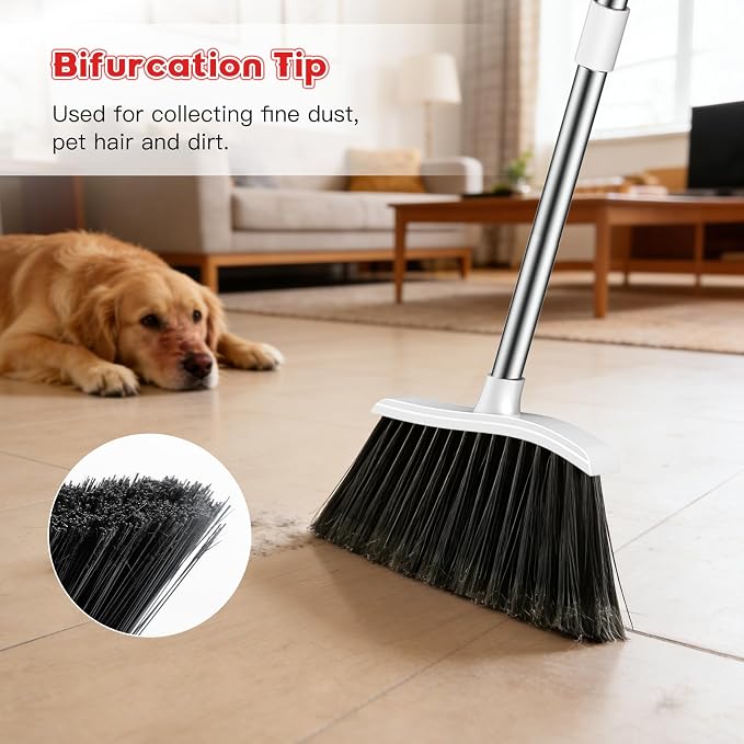 Broom and Step-on Dustpan Set, 59-in Adjustable Long Handle Broom with Dustpan Combo Set Outdoor Angle Broom for Sweeping Indoor Dust Pet Hair for Cleaning Kitchen Garage Deck Patio, White