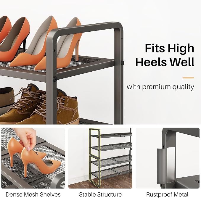 SNTD Shoe Rack - Expandable Shoe Organizer for Closet, Adjustable Metal Shoe Shelf Storage, Stackable Long Shoe Stand Holder for Garage, Entryway, Door Entrance (Grey, 4-Tier)