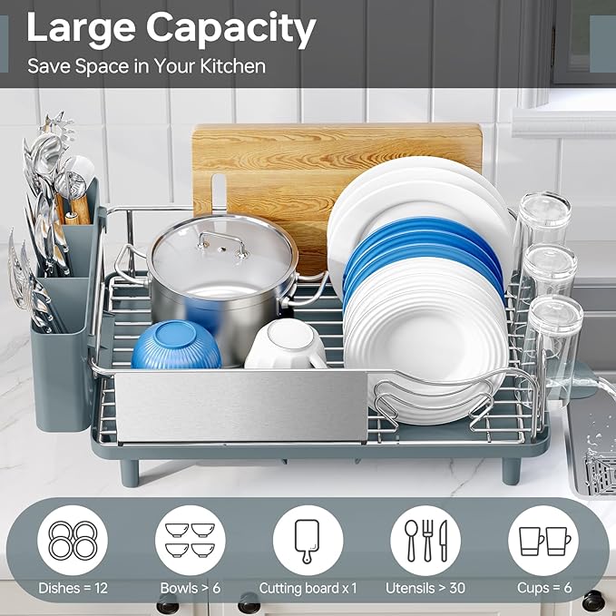 Stainless Steel Dish Drying Rack - Large Capcity 304 Grade Dish Drainer for Kitchen Counter with Drain Board, Utensil Holder & Detachable Cup Shelf, Rustproof Multifunctional Organizer, Pale Blue