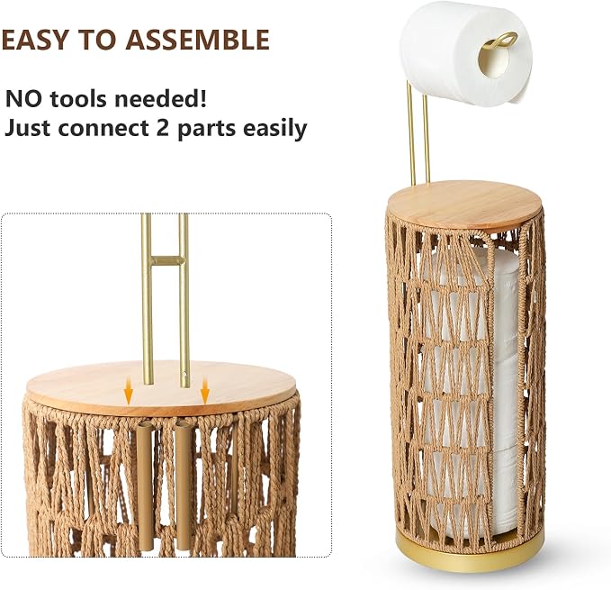 Trongee Freestanding Toilet Paper Holder with Storage,Goldn Handmade Woven Toilet Paper Roll Holder Stand,3 Rolls of Tissue Holder for Bathroom,Rattan Sturdy Boho Bathroom Toilet Paper Storage