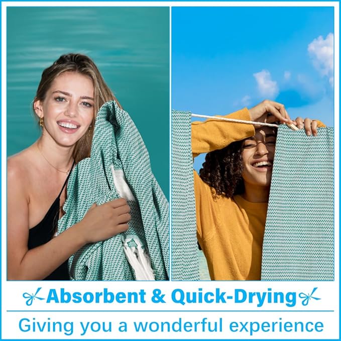 Vikumond Turkish Beach Towel Blanket Oversized 88x82 Inch Quick Dry Teal | Lightweight Compact Portable Sand Free Absorbent Boho Woven Throw for Pool Swimming Picnic Camping Cruise Outdoor Essentials