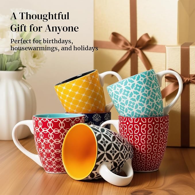 DOWAN Coffee Mugs Set of 6, 10 oz Porcelain Mugs, Cappuccino Cups, Ceramic Tea Cups with Handle for Men Women, Mug Gift Set, Housewarming Wedding Gift